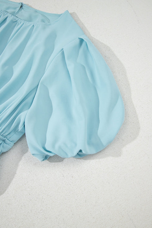 Puff Sleeve Pleated High Waist Flowy Long Dress